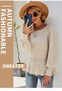 Elegant beige ribbed knit peplum sweater with lantern sleeves and a flared hem for autumn.