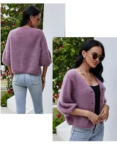 Front and back views of a purple V-neck cropped knit cardigan featuring loose 3/4 sleeves