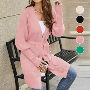 Gilet en maille côtelée à manches longues rose avec ceinture et options de couleurs