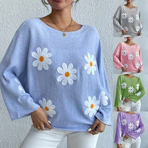 Cozy women's loose knit sweater featuring white daisy flower embroidery in multiple colors