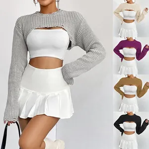 Stylish hollow knit long sleeve shrug bolero top available in multiple trendy colors