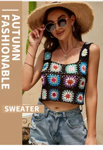 Macro view of handmade crochet crop top with colorful flower pattern and square neck