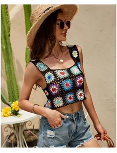 Stylish bohemian crochet crop top featuring colorful flower patterns and a square neckline
