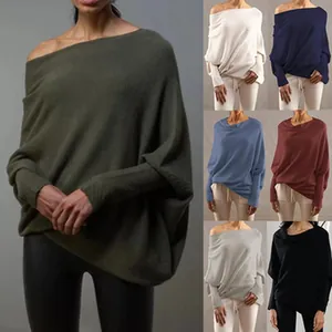 Detailed view of the elegant off-shoulder batwing sleeve knit top shown in multiple colors