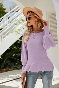 Elegant lavender lantern sleeve knit top with peplum waist and ribbed texture