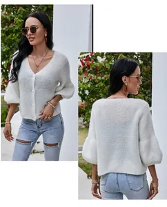 Front and back view of a stylish white V-neck knitted cardigan with puffy three-quarter sleeves