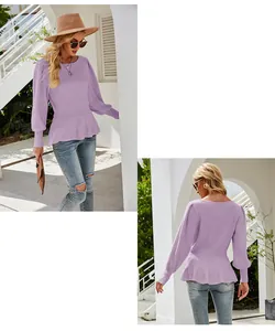 Professional front and back view of a lilac lantern sleeve knit top with peplum waist.