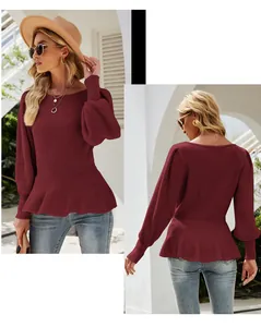 Elegant wine red ribbed knit top with peplum waist and lantern sleeves, front and back views