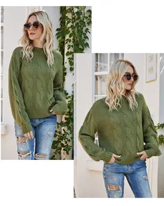 Detailed view of an olive green cable-knit mock neck sweater with premium texture