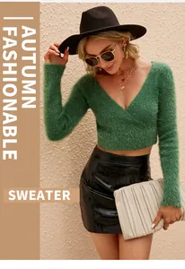 Close-up of a green V-neck mohair sweater with an autumn fashionable style