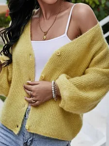 Stylish yellow V-neck knit cardigan with button-down design for a cozy casual look