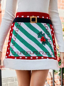 Damen Weihnachten Acryl Strickrock Elegant Patchwork A-Linie Rock Mit Kunstpelzbesatz Elastische Taille Feiertagsparty Rock
