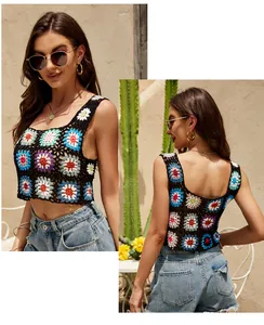 Hand-crocheted ethnic style crop top with colorful flower hollow pattern designs