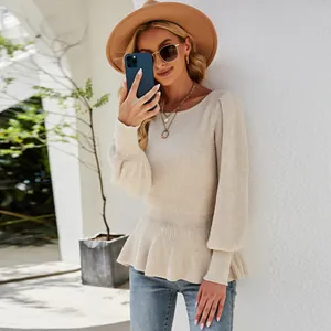 Women Peplum Lantern Sleeve Knit Sweater Autumn Winter Solid Color Slim Fit Viscose Polyester Nylon Round Neck Ribbed Top