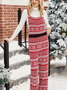 Salopette en tricot de Noël rouge et blanc avec motif flocon de neige pour femmes