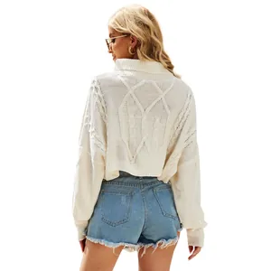 Eleganter weißer Zopfstrick-Rollkragenpullover für Damen, Rückansicht, Herbst-Stil