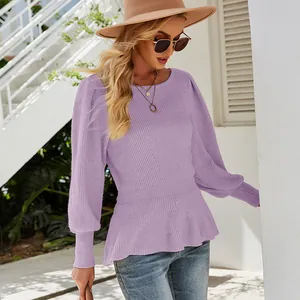 Elegant lavender lantern sleeve peplum knit sweater for women stylish autumn top