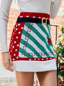 Festlicher gestrickter Weihnachtsrock in A-Linie mit Gürtelmuster und Plüschsaum