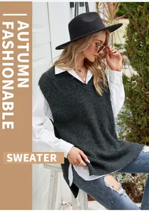 Stylish women's charcoal grey V-neck knitted sweater vest for casual autumn fashion.