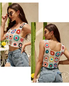 Detail views of summer bohemian crochet flower crop top vest with colorful patterns
