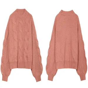Front and back views of a salmon pink cable knit mock neck sweater for women's autumn wear