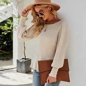 Elegant beige peplum knit sweater with lantern sleeves for autumn winter fashion