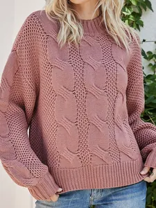 Women Autumn Winter Acrylic Cable Knit Sweater Elegant Solid Color Mock Neck Long Sleeve Loose Pullover Knitwear Top