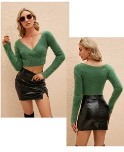 Detail view of green cropped mohair V-neck sweater with slim fit and long sleeves