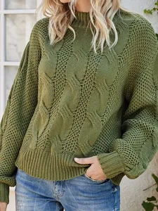 Stylish olive green cable knit mock neck sweater for women in cozy autumn and winter style