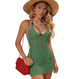 Sexy green hollow-out crochet halter neck backless beach mini dress for women