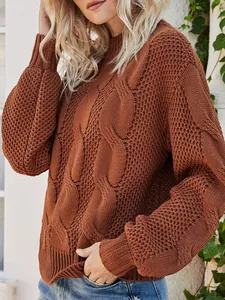 Chic solid brown cable-knit sweater with semi-high neck and long sleeves for women
