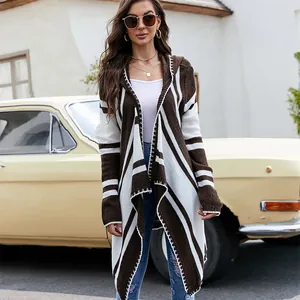 Cardigan en maille à rayures marron et blanc avec capuche et ourlet irrégulier décontracté