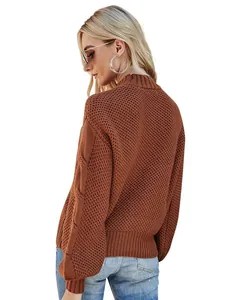 Stylish rust-colored cable knit mock neck sweater for women, back view in white background