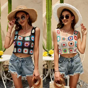 Women Bohemian Crochet Crop Cami Top Square Neck Hollow Out Floral Patchwork Sleeveless Knit Vest Beach Vacation Top