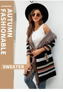 Detailed view of geometric pattern and fringe on long autumn sweater cardigan