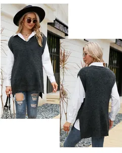 Detailed front and back view of a dark grey mid-length V-neck knit vest over a shirt.