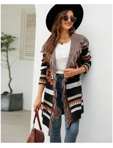 Close-up showing the geometric jacquard knit pattern and fringe trim on this long boho cardigan.