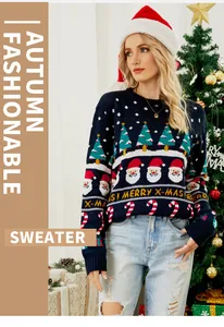Woman wearing a festive navy knit sweater with Santa and Christmas tree patterns