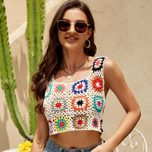 Summer ethnic style handmade crochet floral crop top with colorful hollow knit patterns