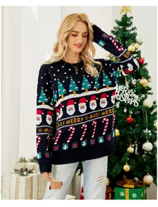 Women's festive navy blue knit sweater with Christmas tree and Santa Claus patterns