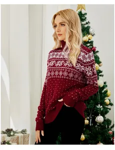 Detail of red Christmas sweater with snowflake pattern and high collar for winter fashion.