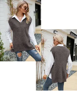 Women's V-neck knitted vest, casual loose-fit sleeveless sweater top in dark coffee color