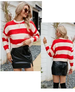 Vorder- und Rückansicht eines schicken rot-weiß gestreiften Mohair-Strickpullovers