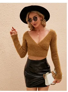 Elegant brown V-neck mohair crop sweater with a crossover front and long sleeves