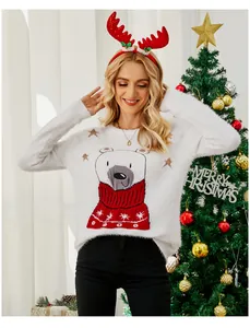 Festive white Christmas sweater with a cute polar bear jacquard and red scarf detail.