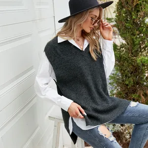 Women Casual V Neck Knitted Vest Loose Mid-Length Sleeveless Solid Color Polyester Sweater Top For Autumn Layering