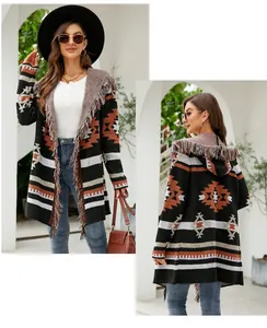 Bohemian style long hooded cardigan with fringe details and geometric knit patterns