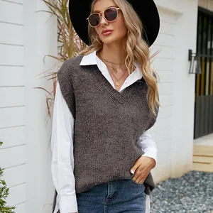 Women's casual grey V-neck sleeveless knit sweater vest for fall layering outfits