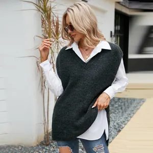 Casual oversized charcoal gray V-neck knitted sweater vest for women in autumn