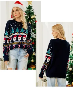 Front and back view of a navy women's Christmas sweater with Santa and tree patterns.